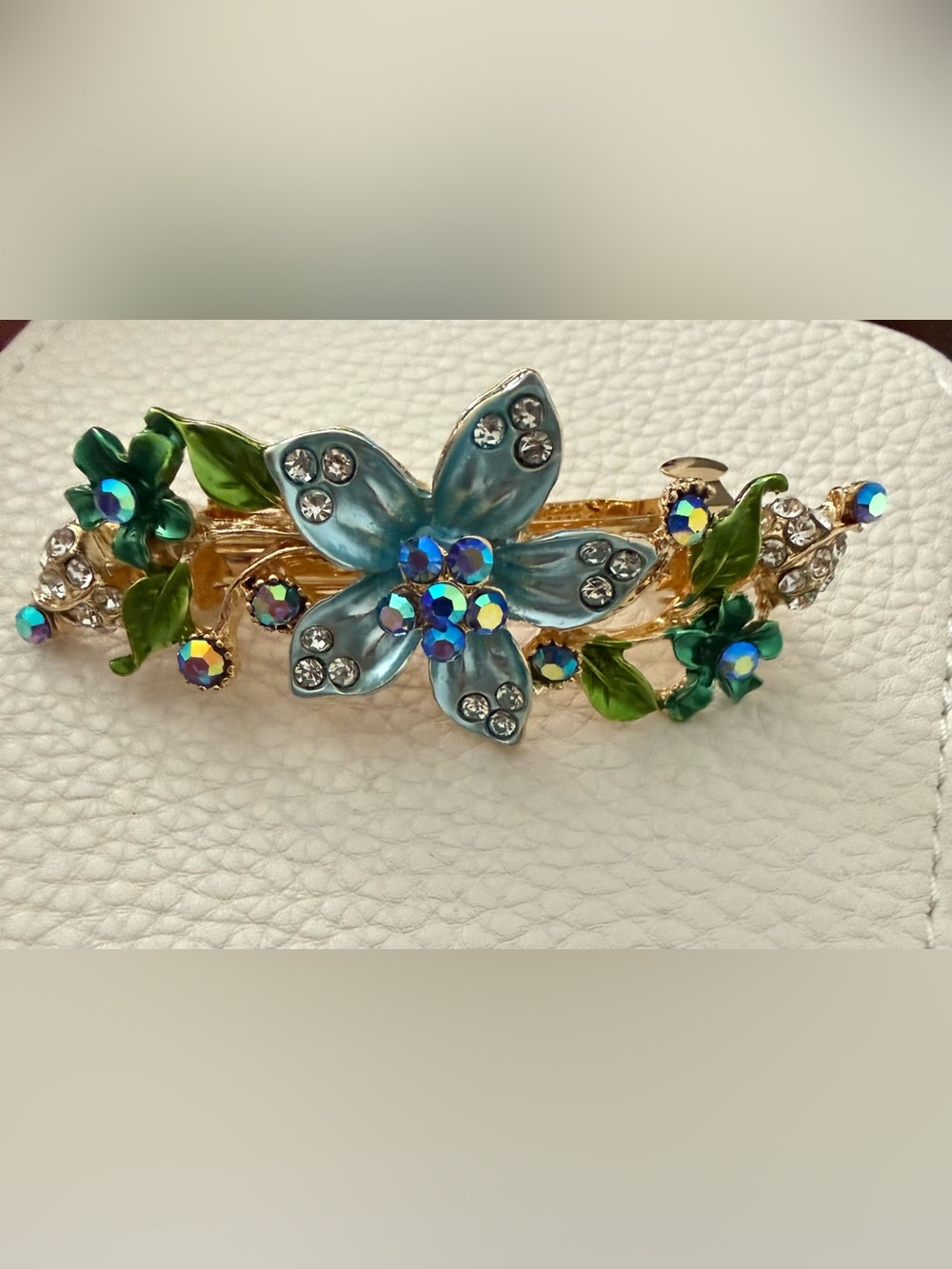 Gold-Tone Blue Floral Hair Clip with Green Leaves and Aurora Crystals *NEW